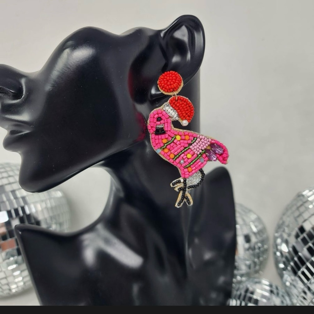 Influence Beaded Santa Hat Flamingo Earrings New Sealed in Package 3 1/2 “ X 3”